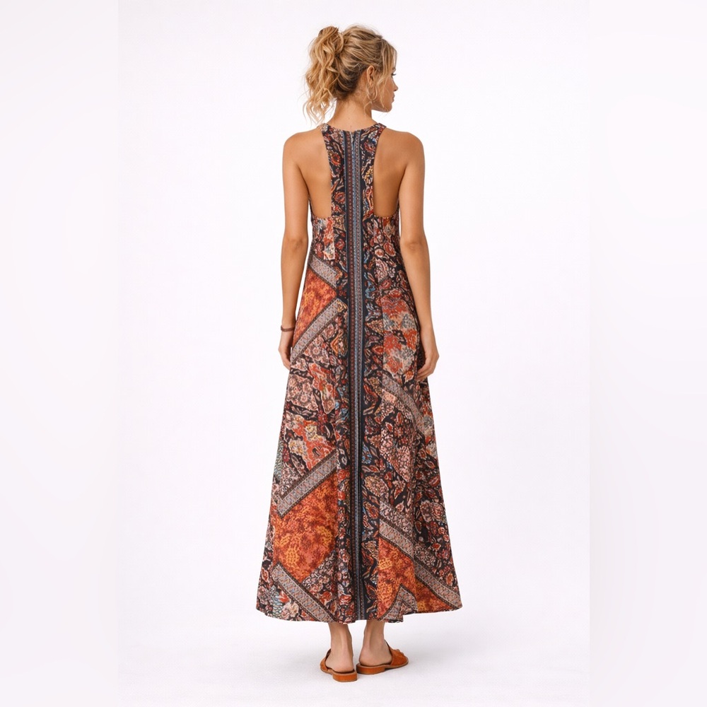 Organic Cotton Bohemian Patchwork Print Long Maxi Dress w/ Pockets 4 Seasons XL - Picture 5 of 15